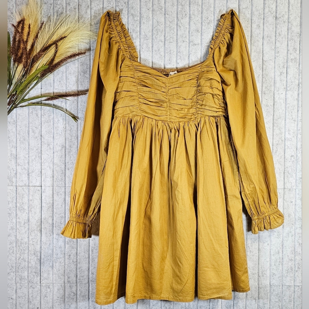 Aaron & Amber Mustard Smocked Long Sleeve Cotton Dress | Size M | Pockets
